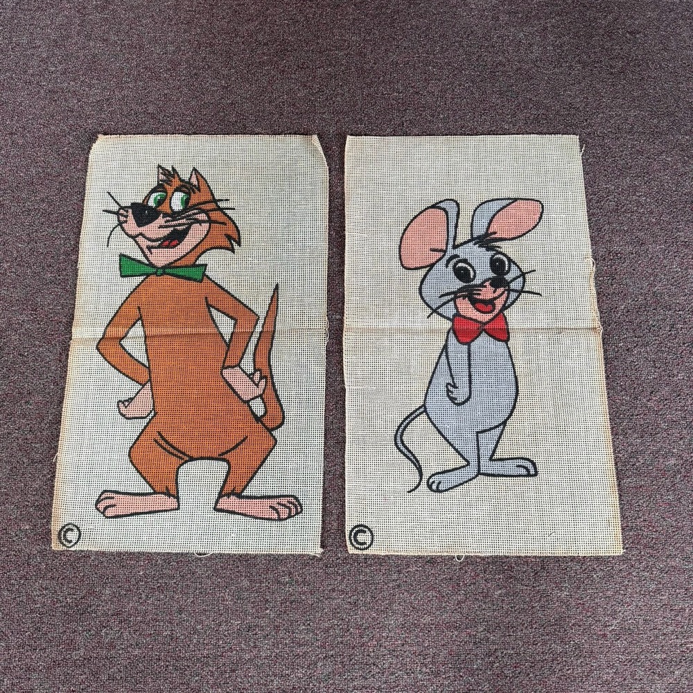 Vintage Hanna Barbera Needlepoint Canvas Lot 2 Mr Jinks Cat Dixie Mouse Cartoon